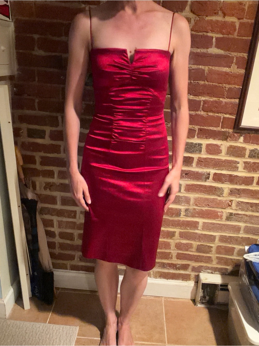 Nicole Miller Red Satin Ruched Midi Dress